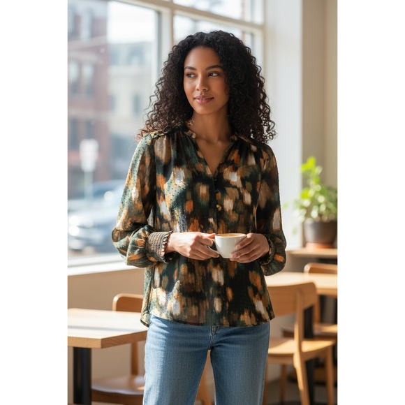 Calvin Klein Womens Green Abstract Clip Dot Blouse Smocked Cuff M w/undershirt - Picture 2 of 12